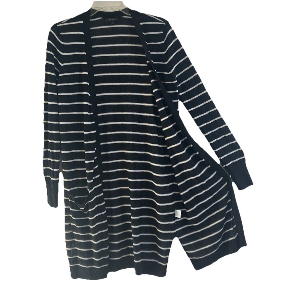 HALOGEN sz M Black & White Linen Knit Blend Duster Tunic Top Pockets Stripe